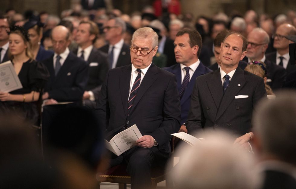 The Duke of York (centre) and the Earl of Wessex (right) during a Service of Thanksgiving for the life of the Duke of Edinburgh, at Westminster Abbey in London. Picture date: Tuesday March 29, 2022.