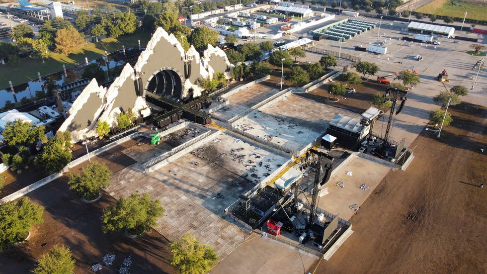 The empty stage at the 2021 Astroworld Festival is seen days after a stampede killed at least eight concertgoers in Houston, Texas, U.S., November 7, 2021. Picture taken with a drone. REUTERS/Nathan Frandino