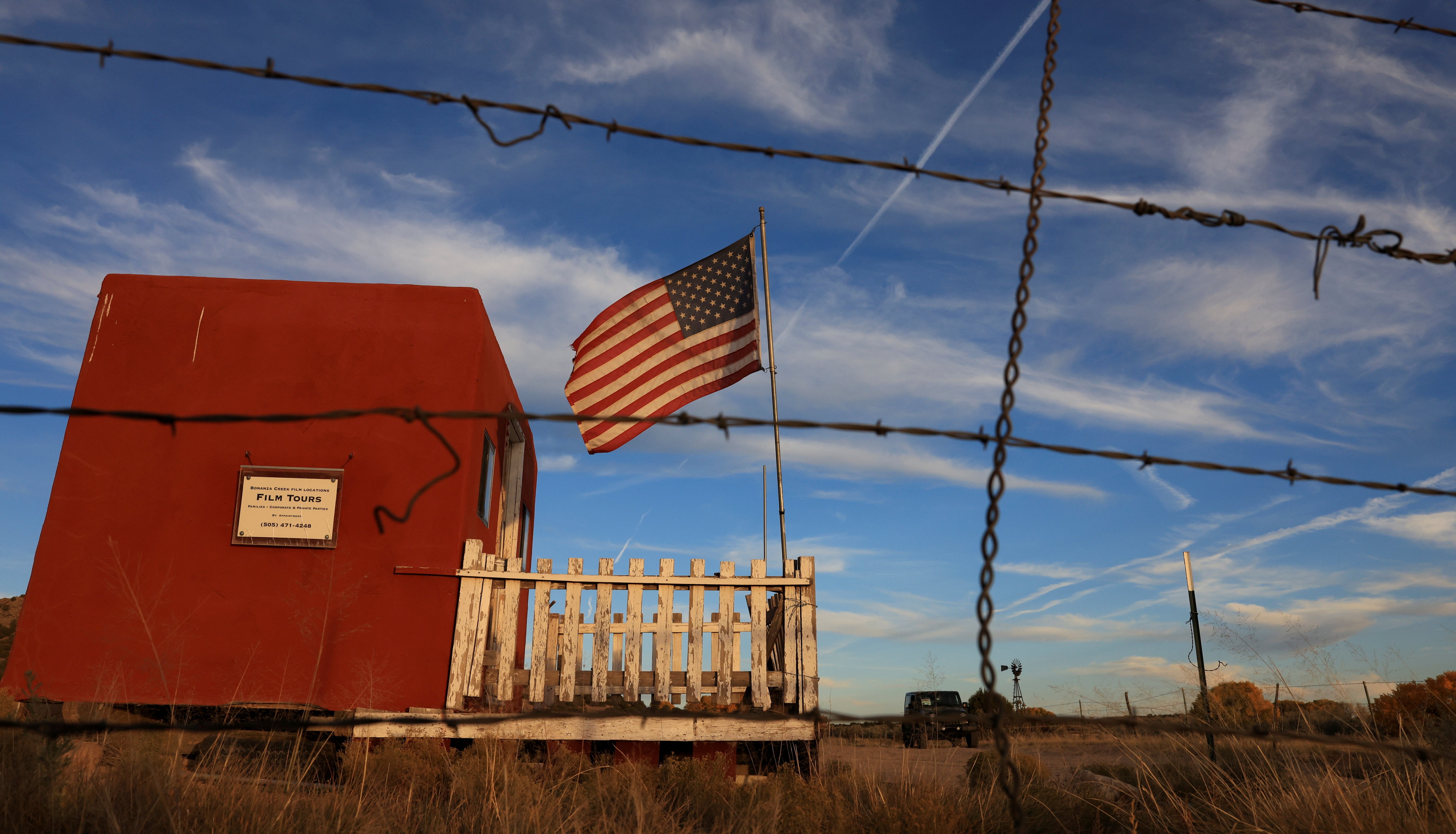 The entrance to the film set of %22Rust%22 is seen through a barbed wire fence after Hollywood actor Alec Baldwin fatally shot a cinematographer.