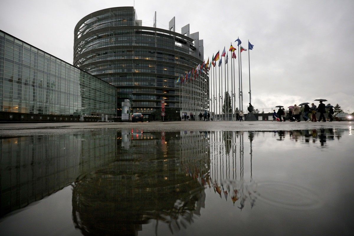 The European Parliament during a rain storm on May 12, 2016 in Strasbourg, France