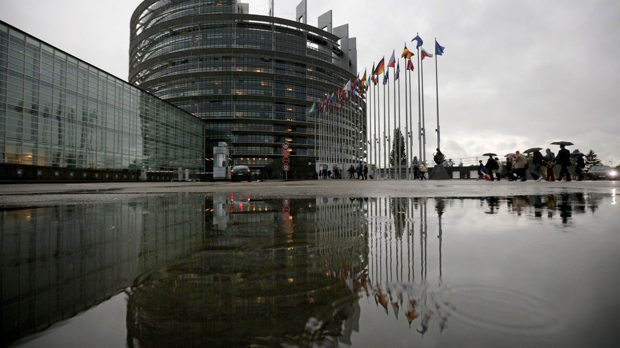 The European Parliament during a rain storm on May 12, 2016 in Strasbourg, France