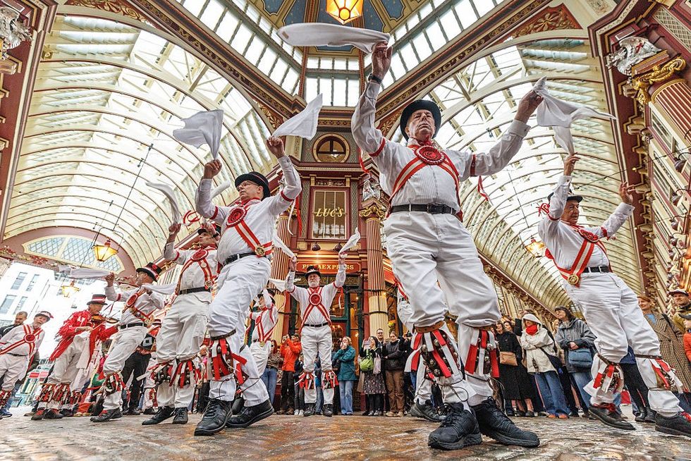 The Ewell St Mary's Morris Men dance at Leadenhall Market on April 23, 2025 in London\u200b