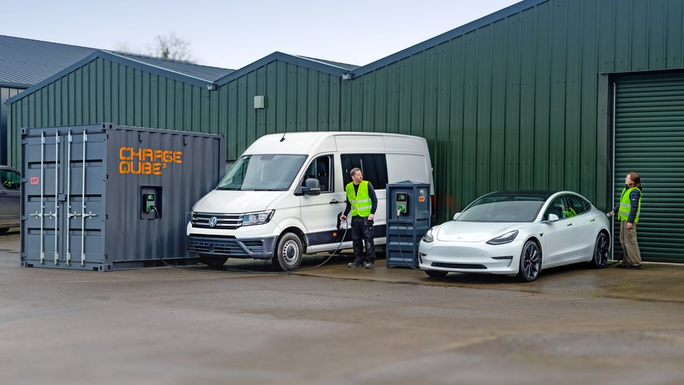 The Fellten Charge Qube charging an electric van and an electric car