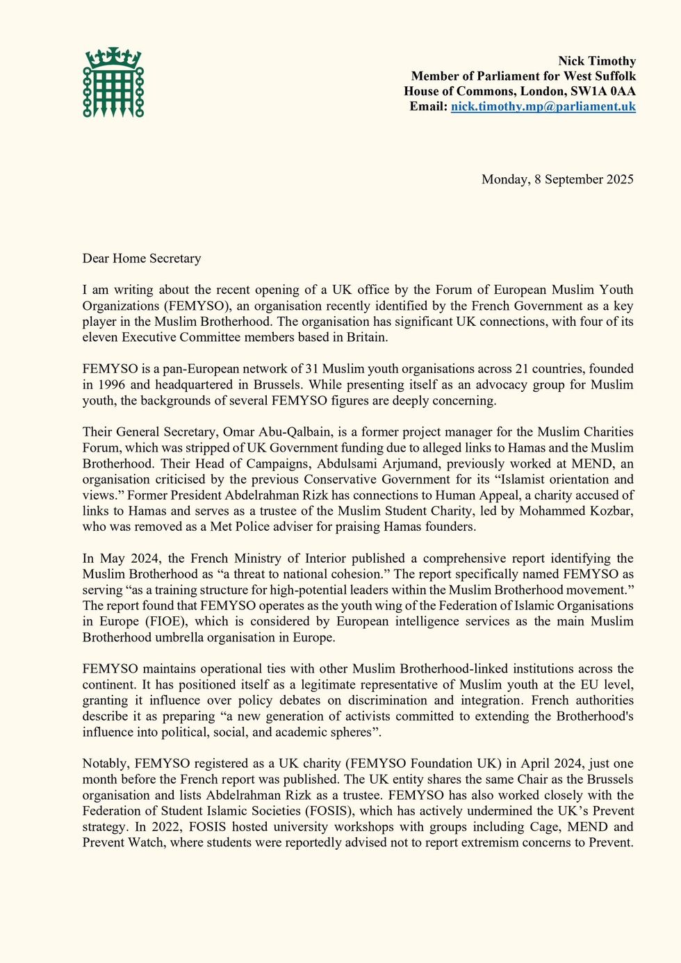 The first part of Nick Timothy's letter to the Home Secretary\u200b