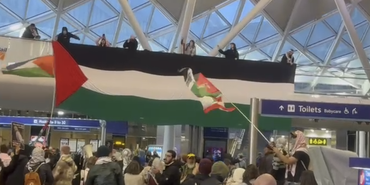NextImg:Pro-Palestine protesters take over London King's Cross Station unfurling HUGE flag as demonstrations continue to cause chaos