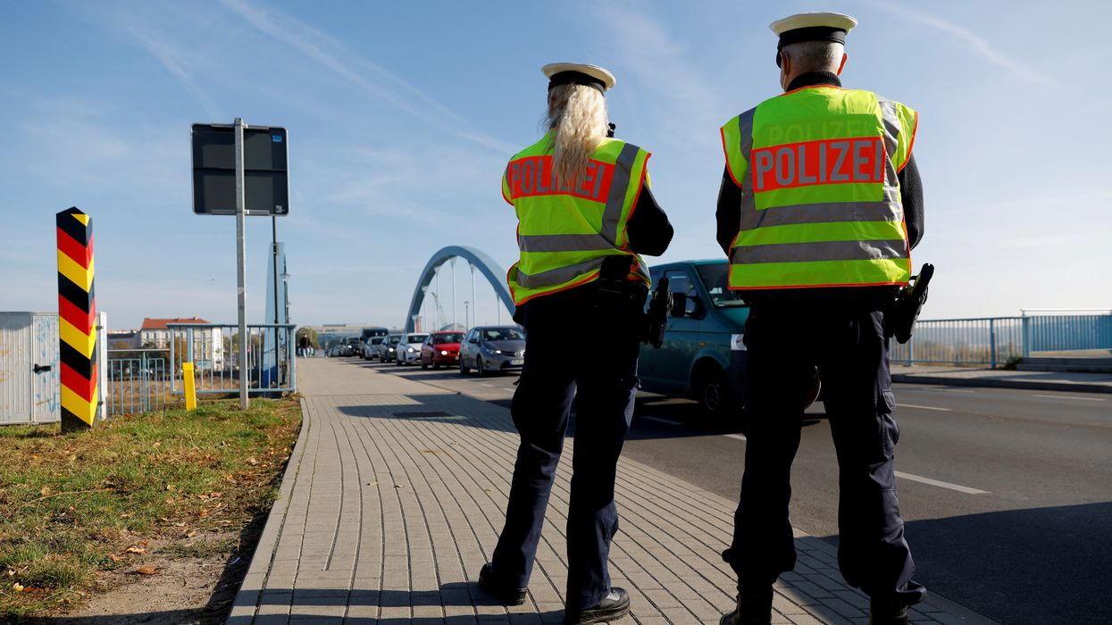 The German federal police patrols along the German-Polish border area in order to detain migrants from Belarus in Frankfurt