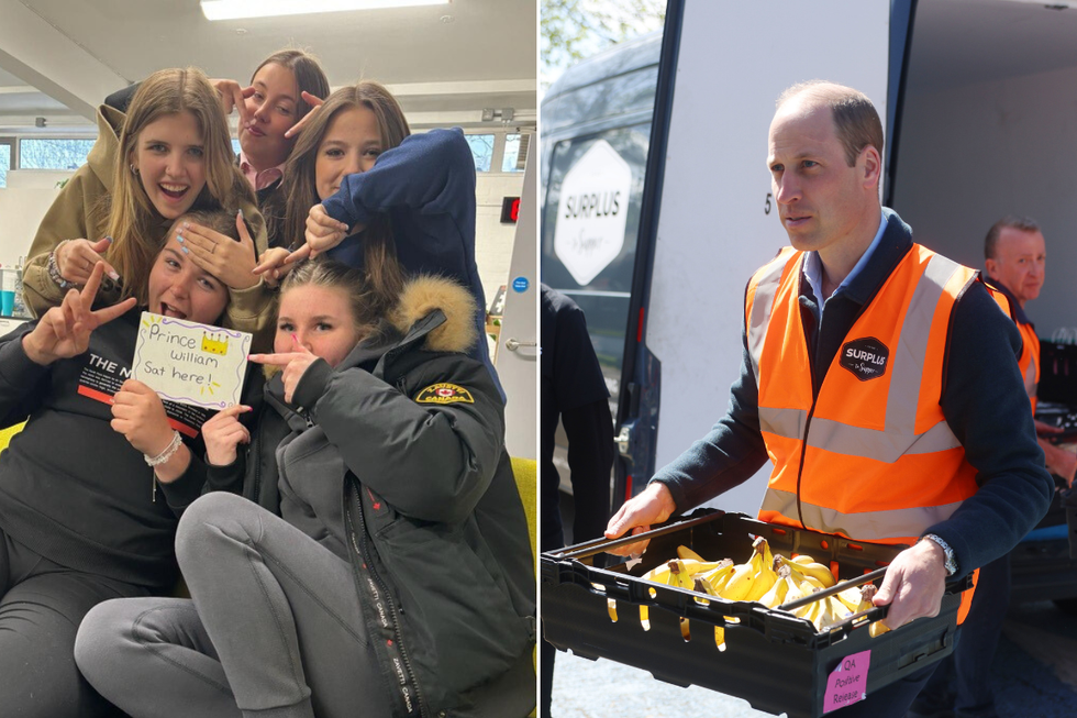 The girls with her handmade sign, Prince William delivering food to The Hanworth Centre Hub