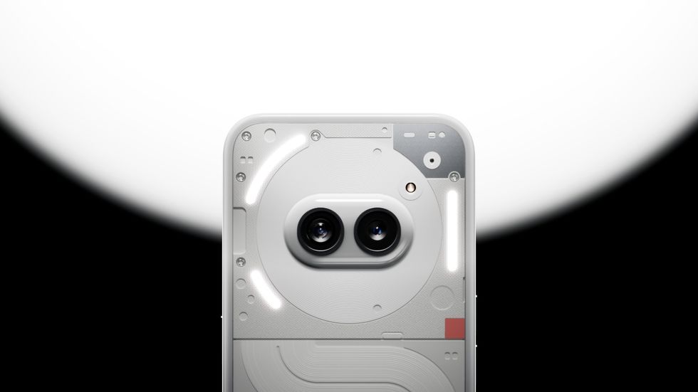 the glypth interface pictured illuminated around the camera module on the back of the phone 2a