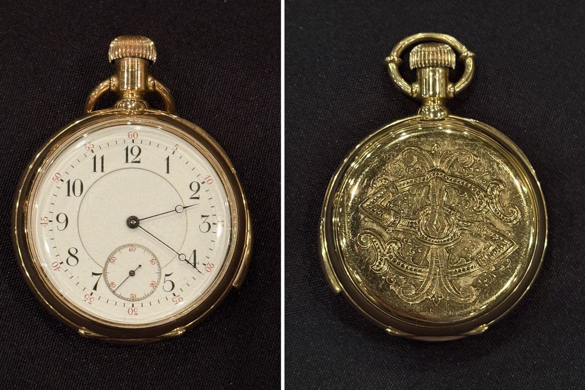 The gold pocket watch recovered from an elderly couple who drowned during the sinking of the Titanic