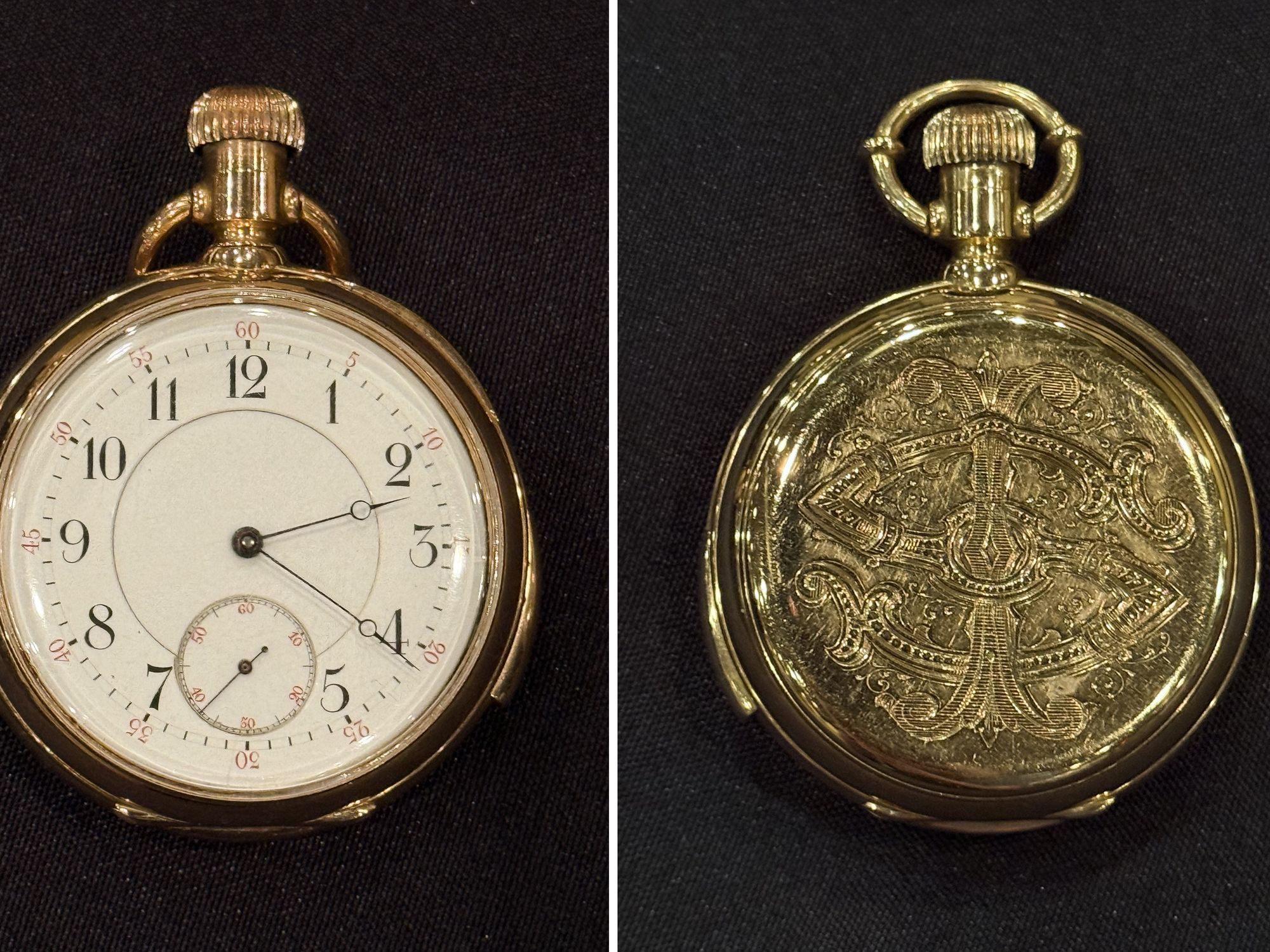 The gold pocket watch recovered from an elderly couple who drowned during the sinking of the Titanic