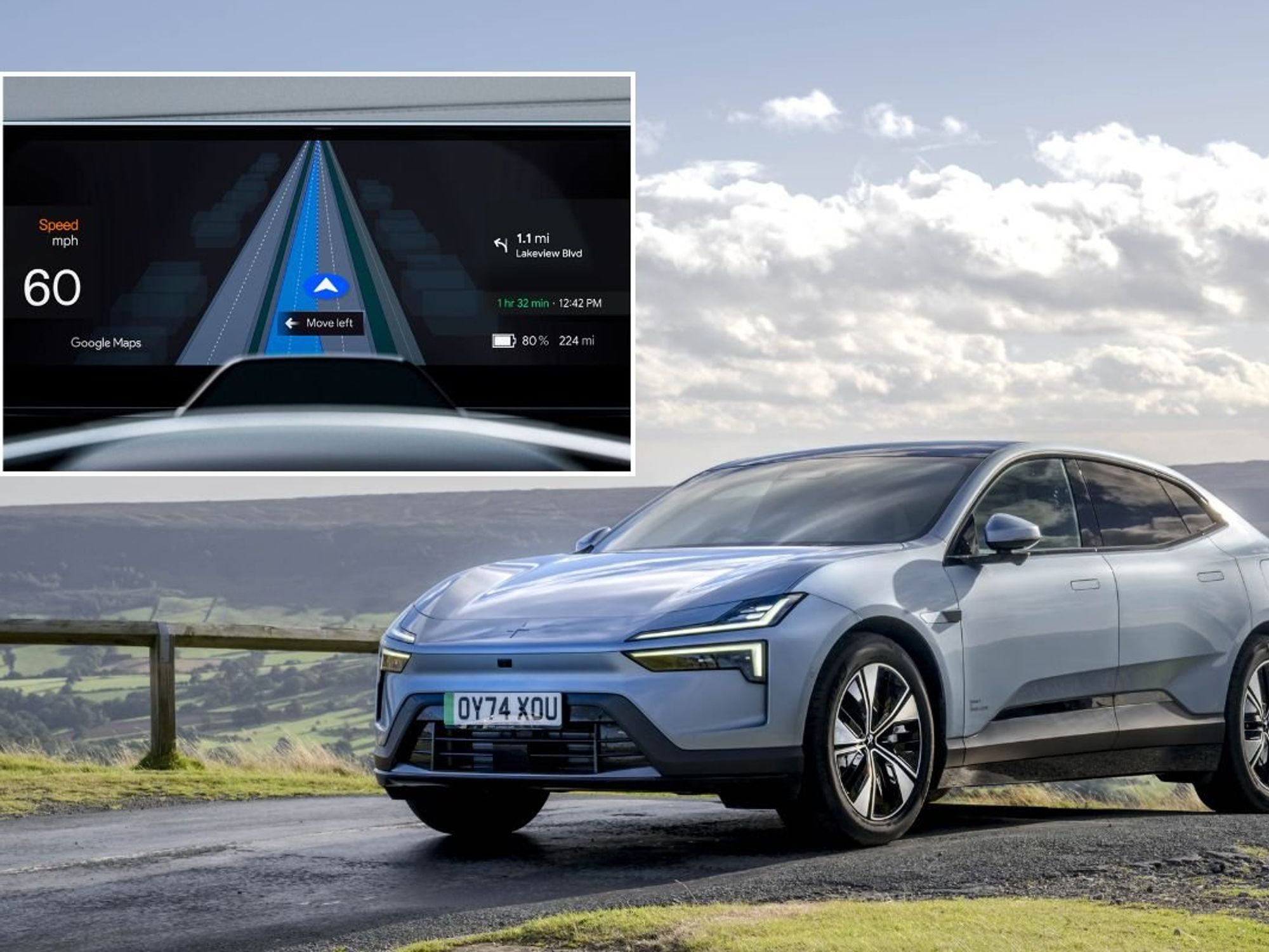 The Google Maps lane assistance technology and a Polestar 4