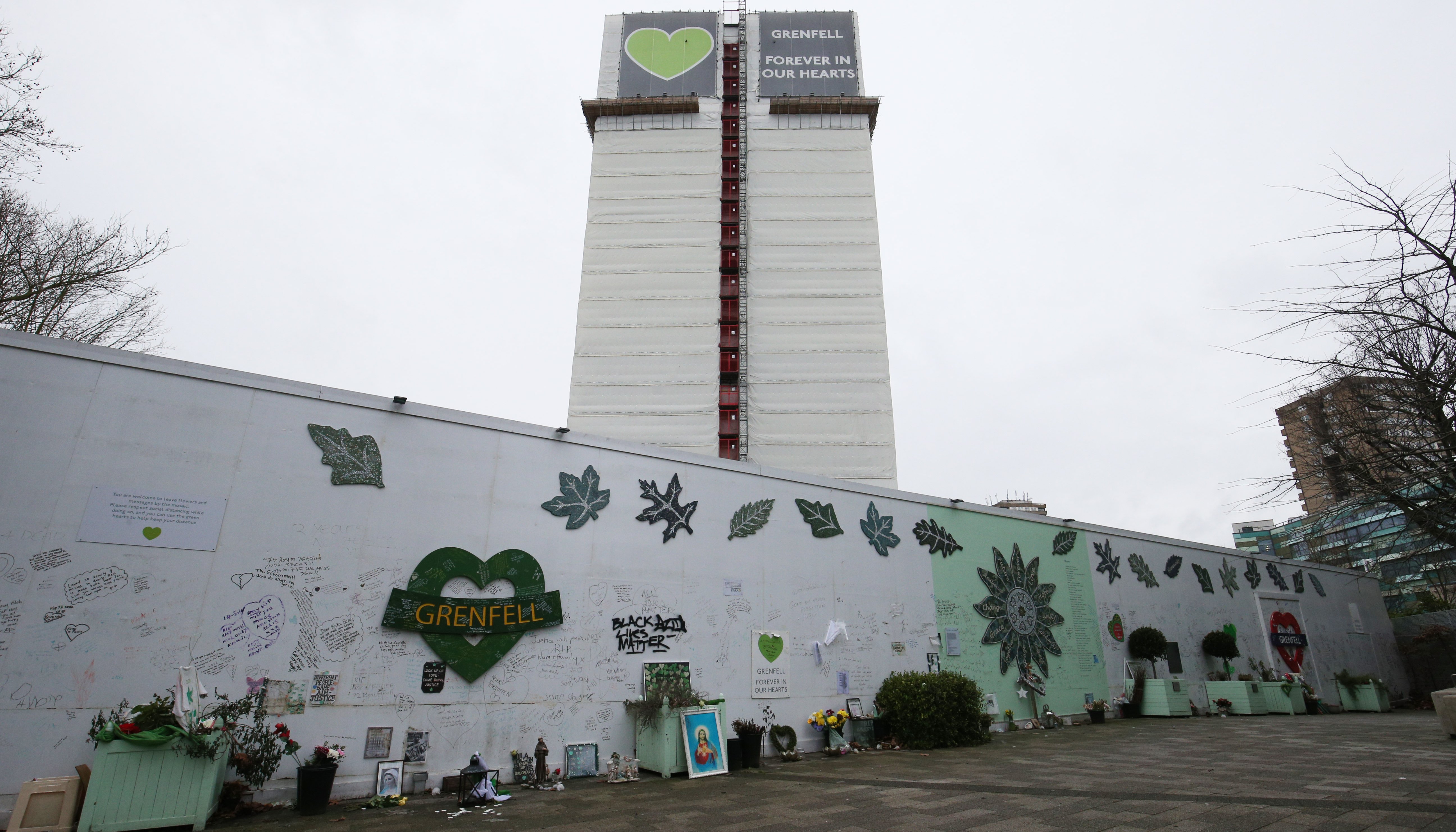 The Grenfell Memorial Wall in the grounds of Kensington Aldridge Academy.
