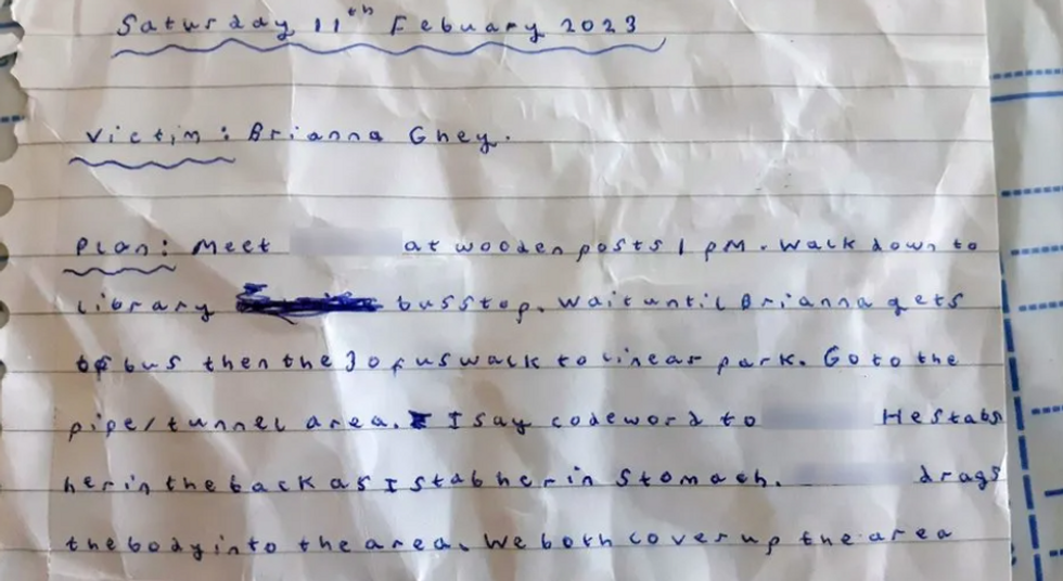 The handwritten murder plan was found in the bedroom of girl X