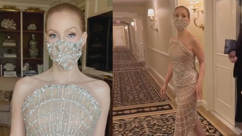 The Hollywood actress attended the awards in a silver gown with a matching face mask.