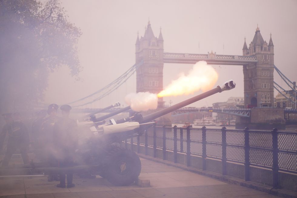 The Honourable Artillery Company fire a 62 Gun Royal Salute at Tower Wharf, London, to mark the 74th birthday of King Charles III