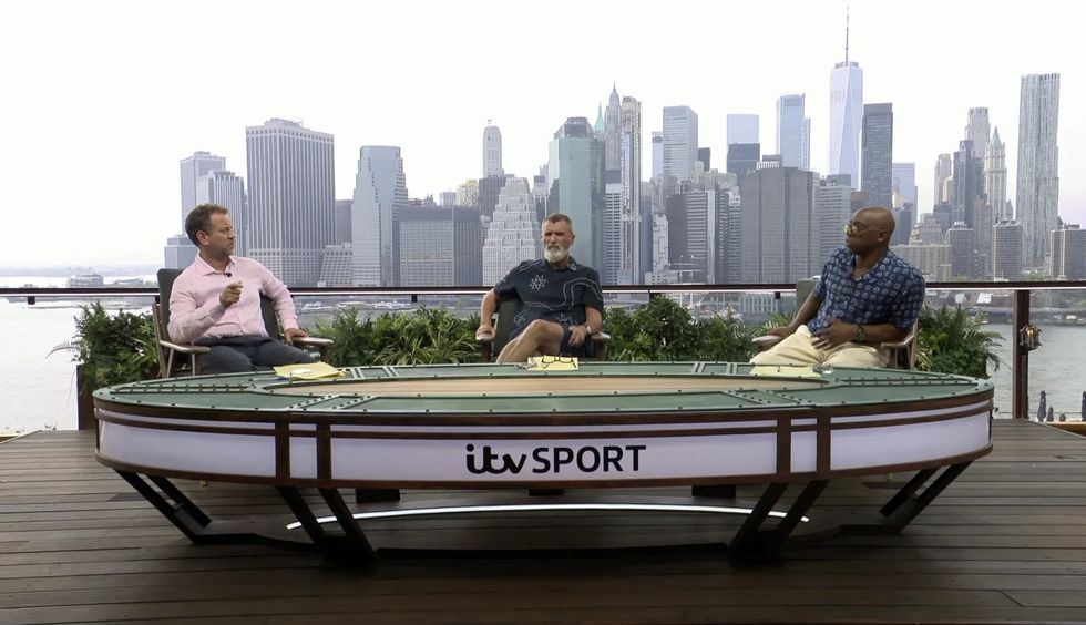 The ITV's swanky studio includes a skyline view of Manhatten
