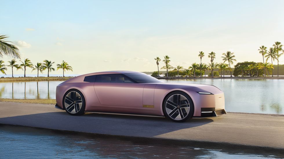 The Jaguar Type 00 electric car in Miami Pink
