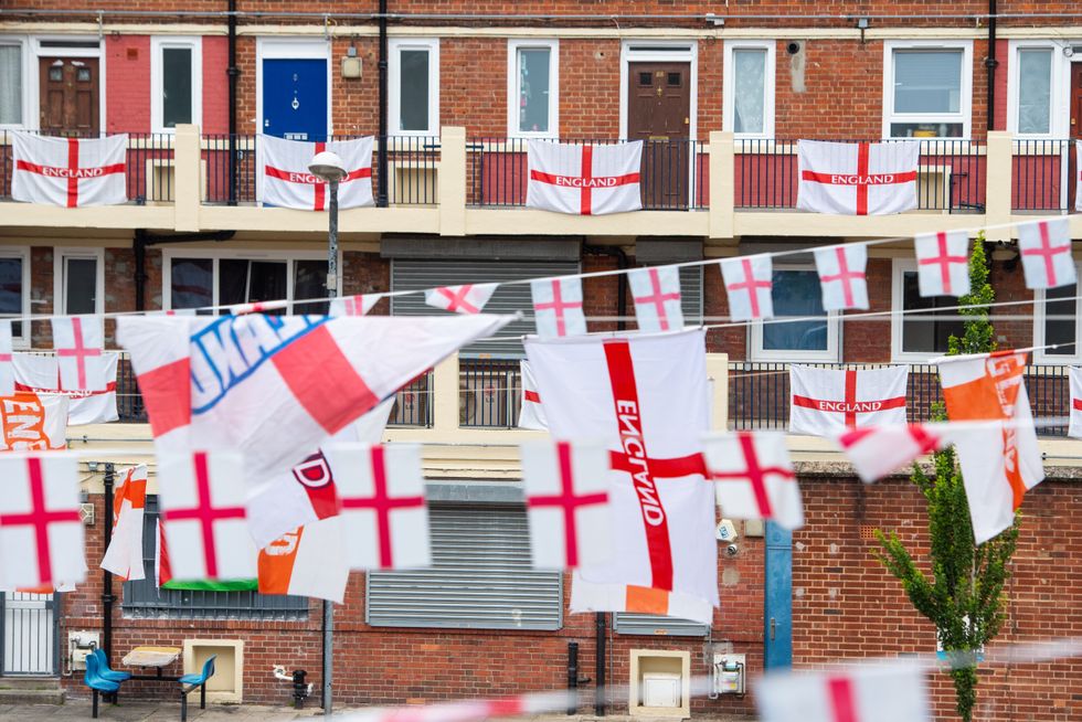 The Kirby Estate, in Bermondsey, south London, is decorated with England flags ahead of the England football team playing in the UEFA Euro 2020 Final on Sunday. Picture date: Saturday July 10, 2021.