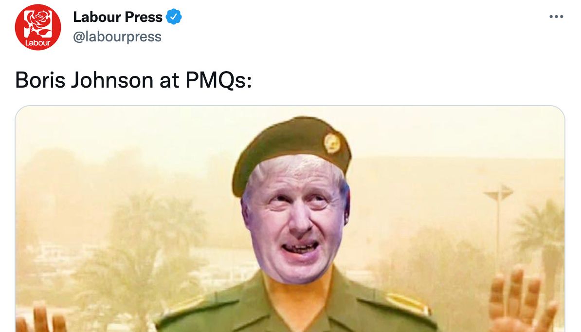 The Labour Party press office shared on Twitter a mocked-up image of Mr Johnson as the former Iraqi propaganda chief known as Comical Ali.