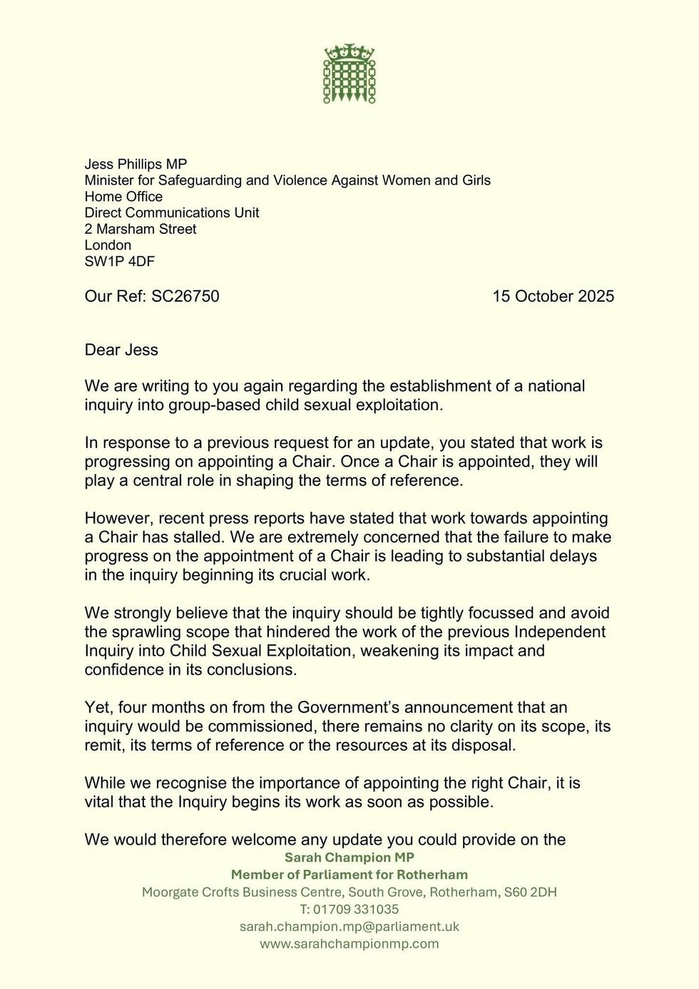 The letter sent to Jess Phillips