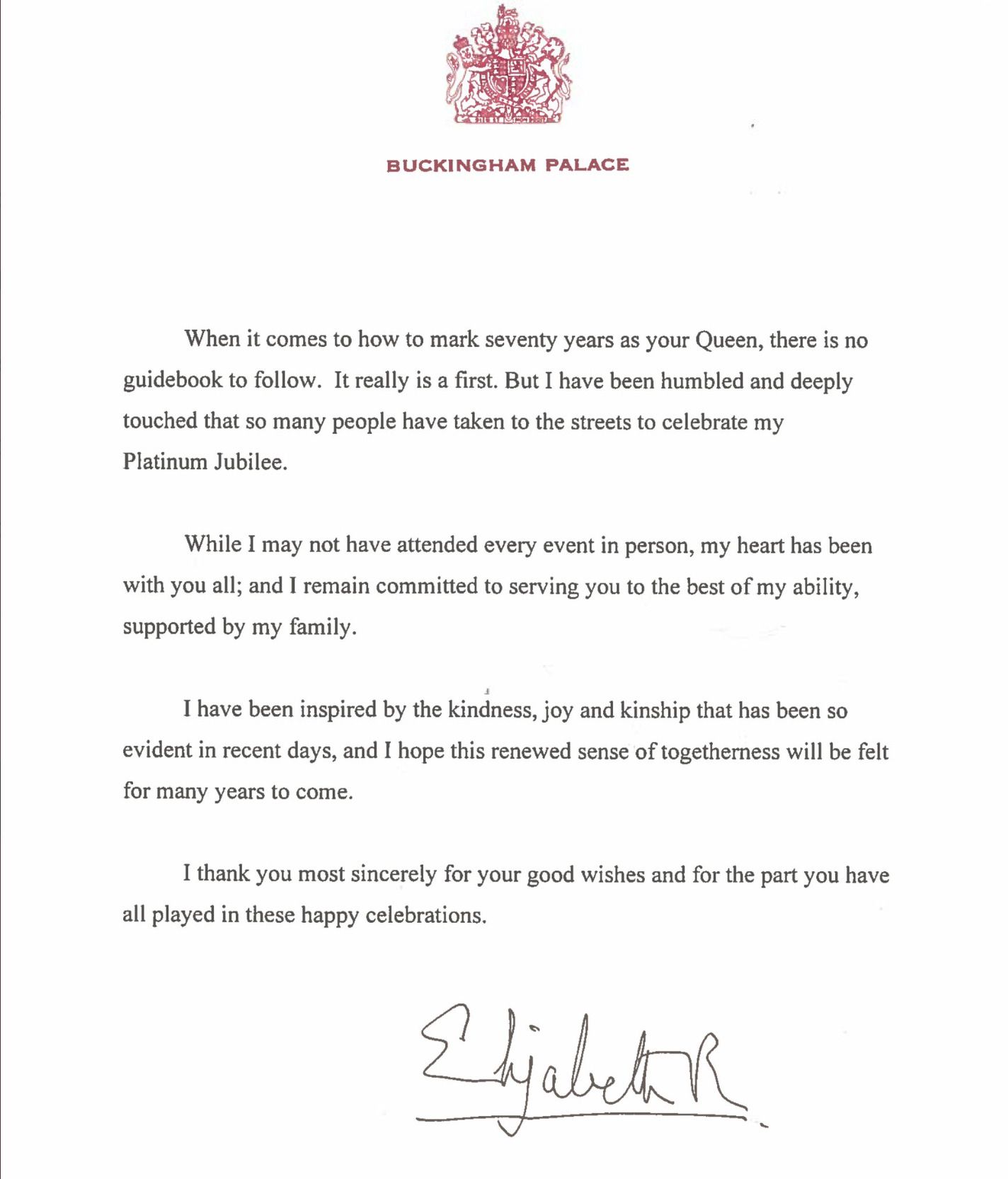 The letter signed by Her Majesty