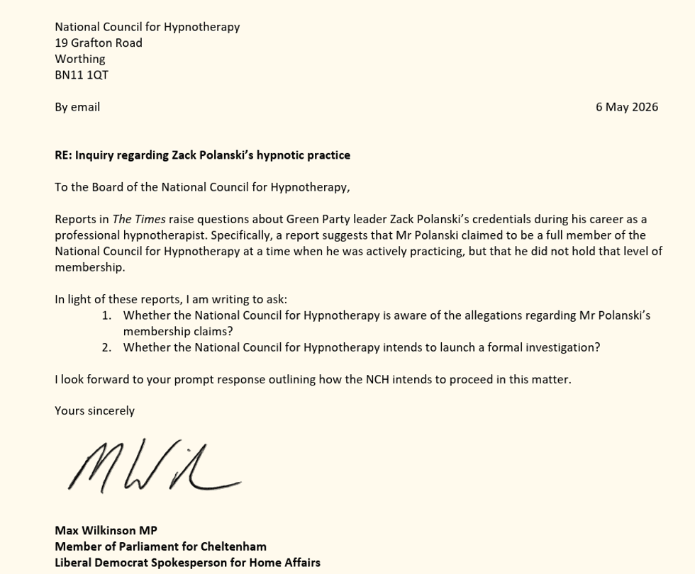 The Liberal Democrats' Home Affairs spokesman, Max Wilkinson, has written a letter