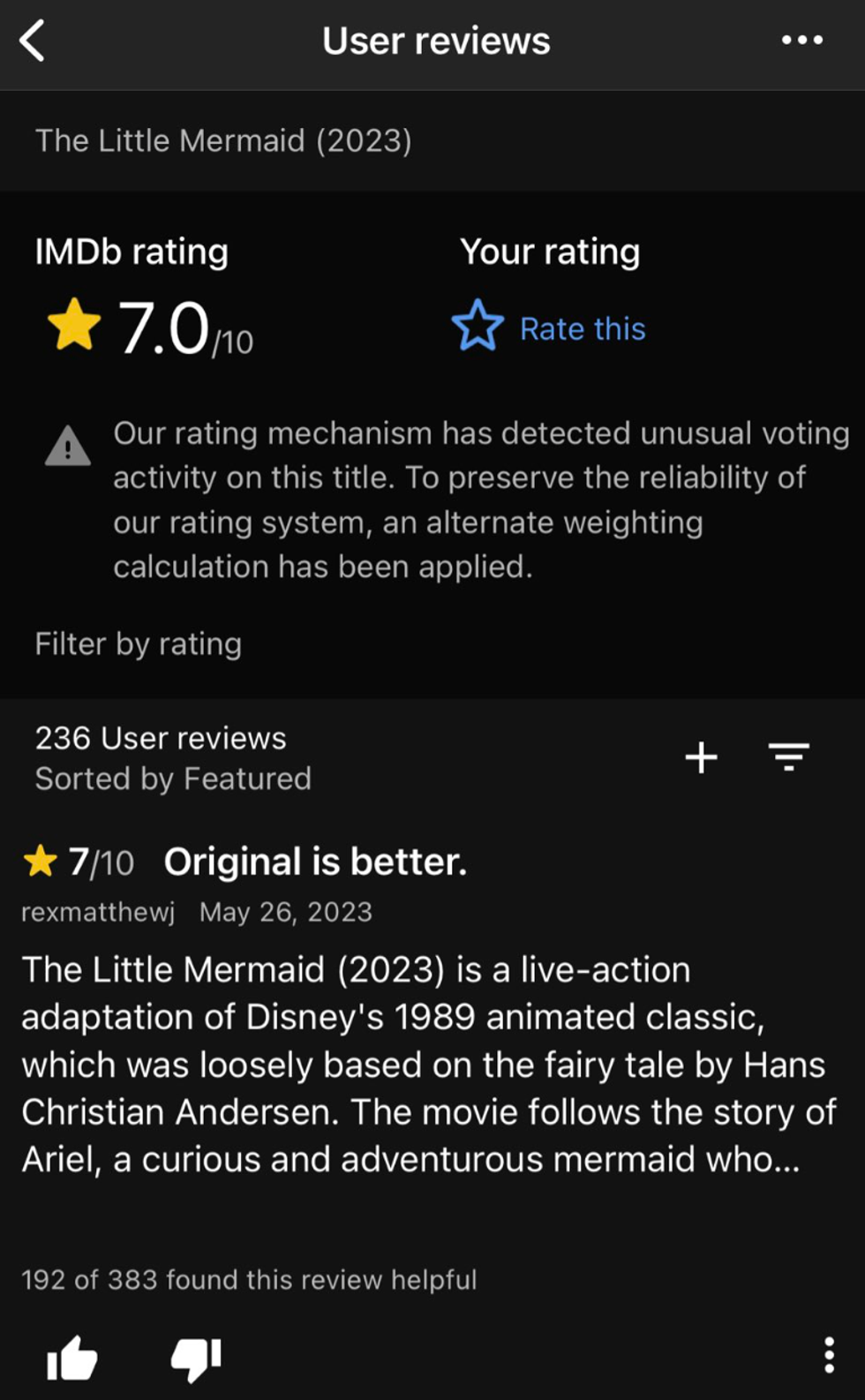 The Little Mermaid has received a 7/10 rating on the Internet Movie Database (IMDB) website, despite 15,000 user-submitted reviews having given it one star