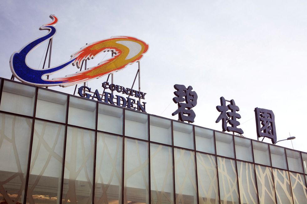 The logo of property developer Country Garden is seen on a building in Dalian, Liaoning province, China.