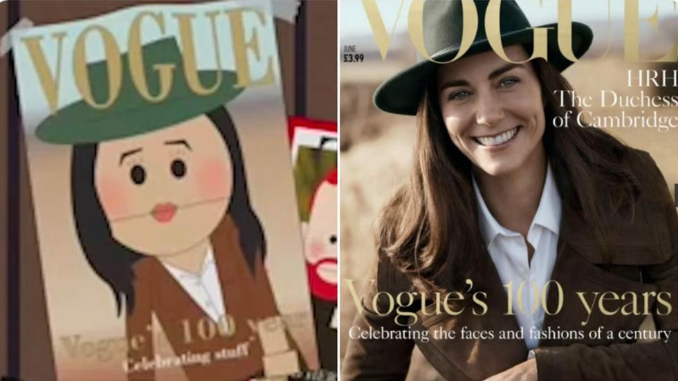The magazine shows the character depicting Meghan Markle dressed as the Princess of Wales on a cover of Vogue
