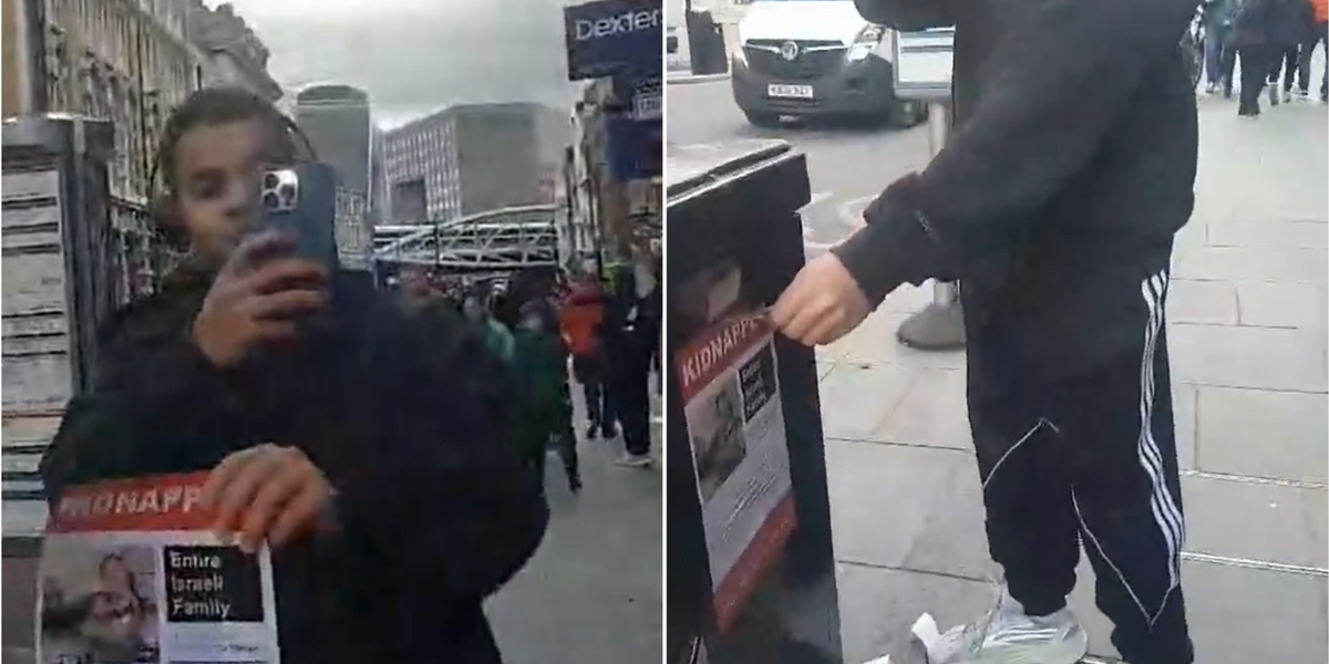 NextImg:Mother shares heartbreaking footage of Pro-Palestine thug cruelly tearing down posters of her kidnapped daughters