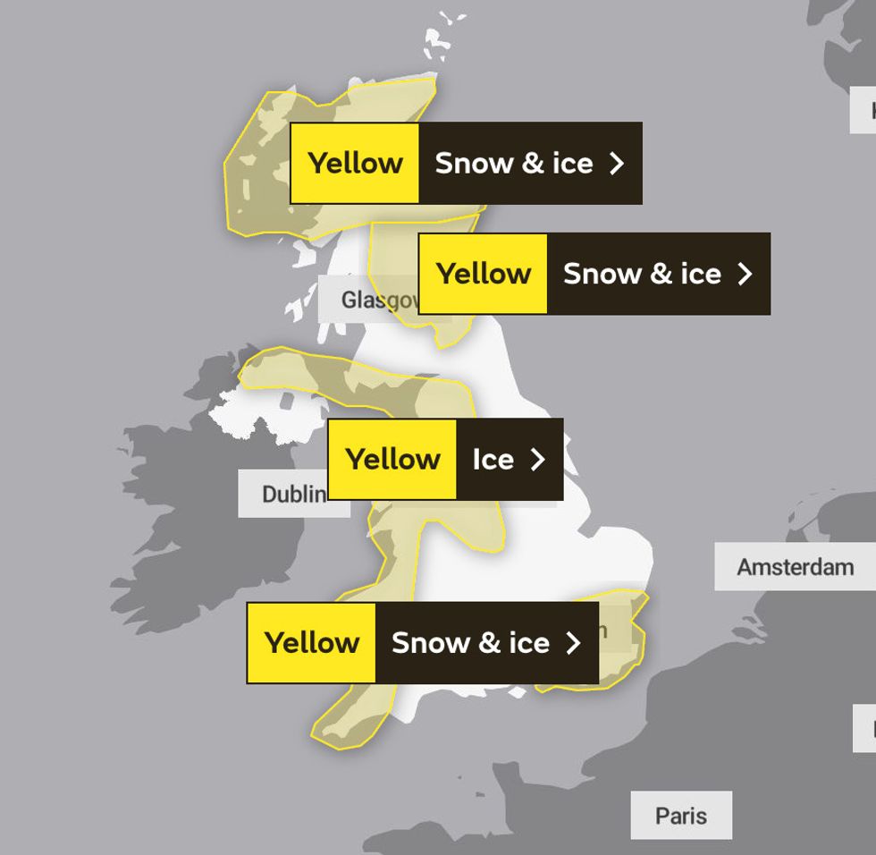 The Met Office has issued a string of weather warnings for heavy snow and ice