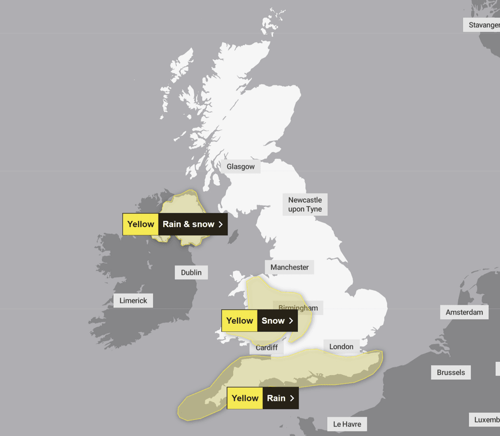 The Met Office has issued three yellow weather warnings for rain, snow and wind today
