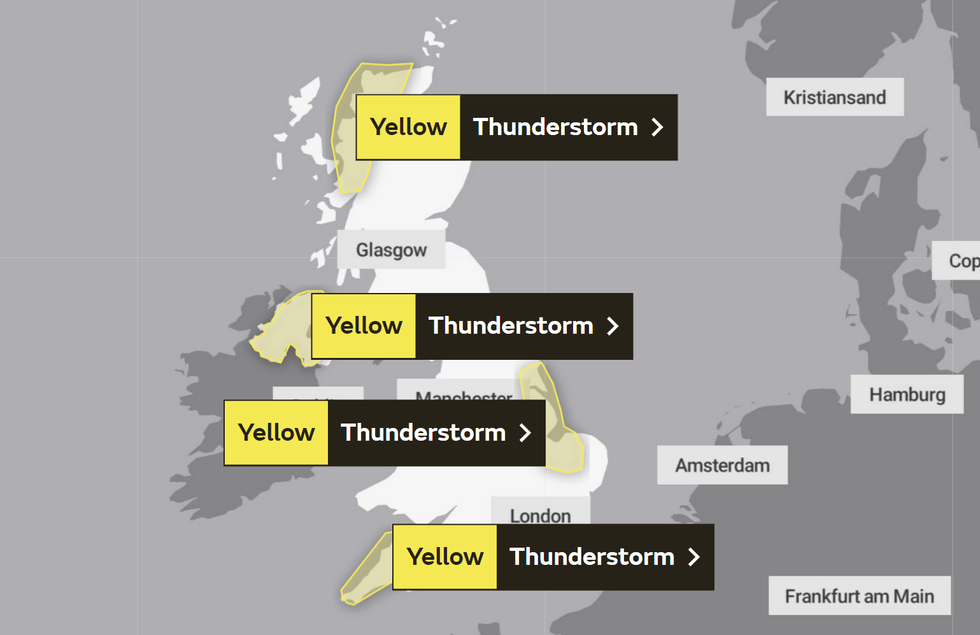 The Met Office has issued thunderstorm warnings across the UK