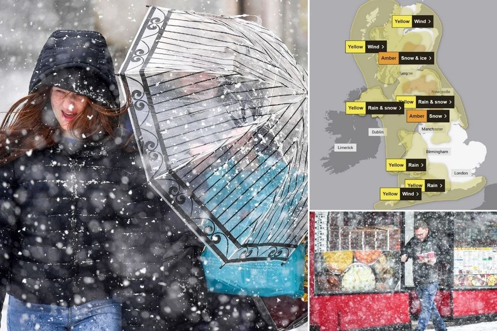 The Met Office has issued two rare amber snow alerts as part of nine weather warnings stretching from Cornwall to the Outer Hebrides