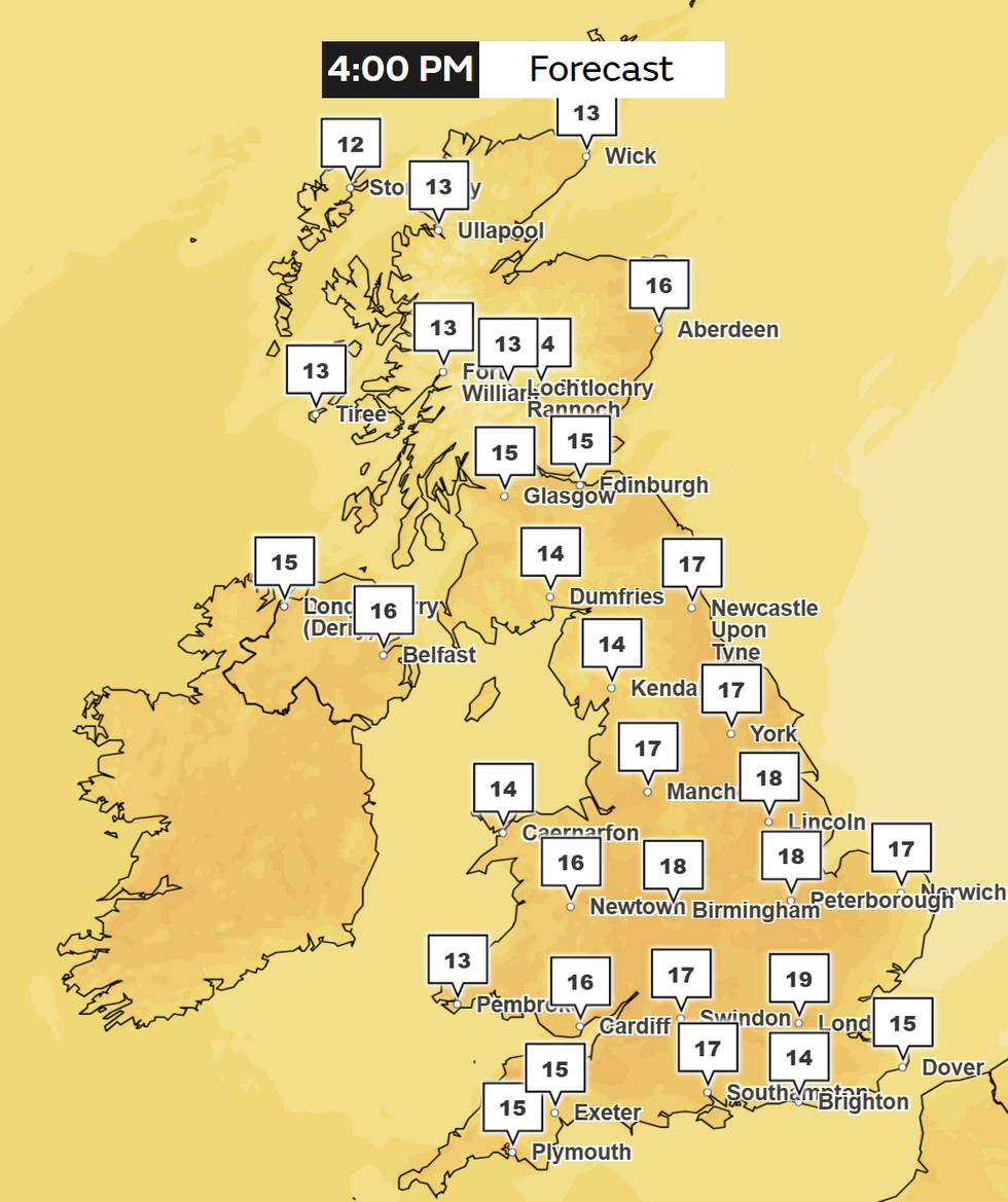 The Met Office's temperature forecast next Thursday at 4pm