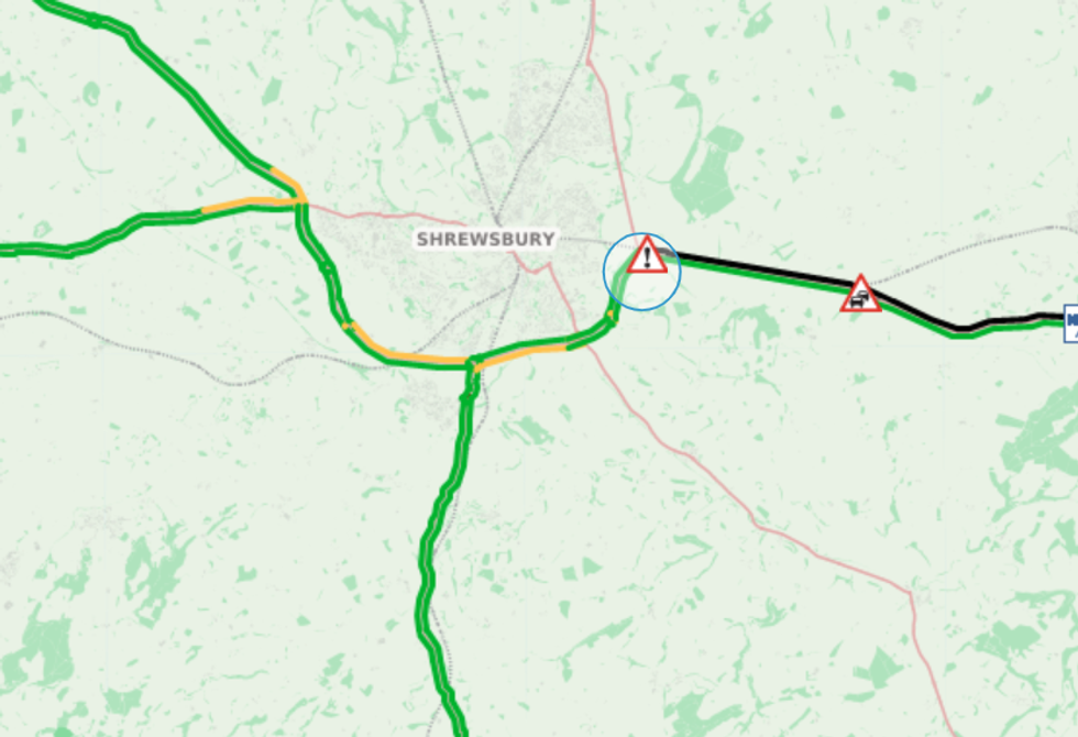 The National Highways map shows non-moving traffic on the road near Shrewsbury