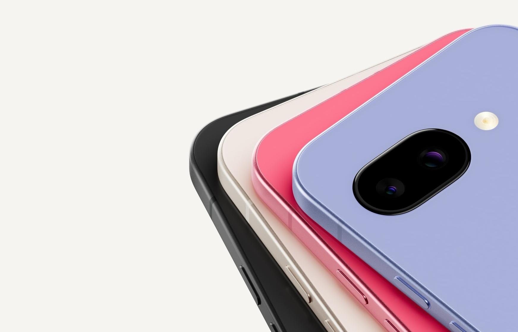 The new Google Pixel 9a colours (Obsidian, Porcelain, Peony, and Iris) pictured on white background