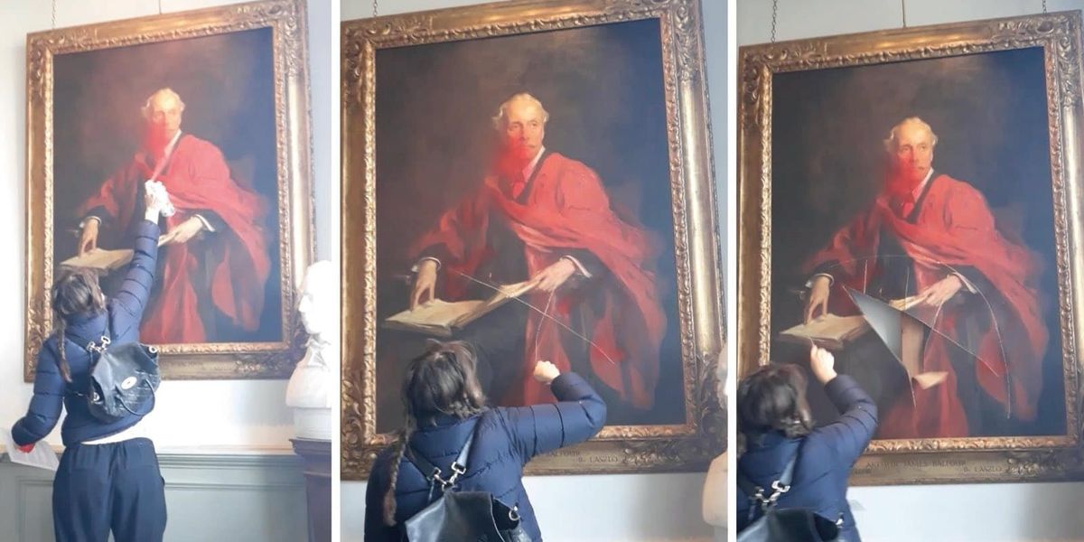 NextImg:Pro-Palestinian activists hack apart and spray paint on historic Cambridge University painting