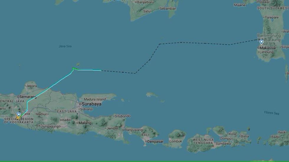 The path of Air Indonesia Transport plane for flight PK-THT