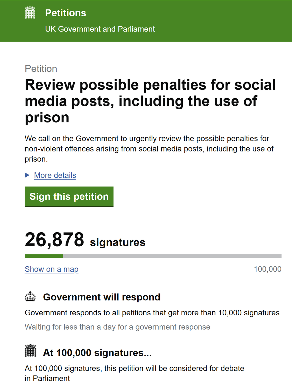 The petition reached 25,000 signatures at around 6pm