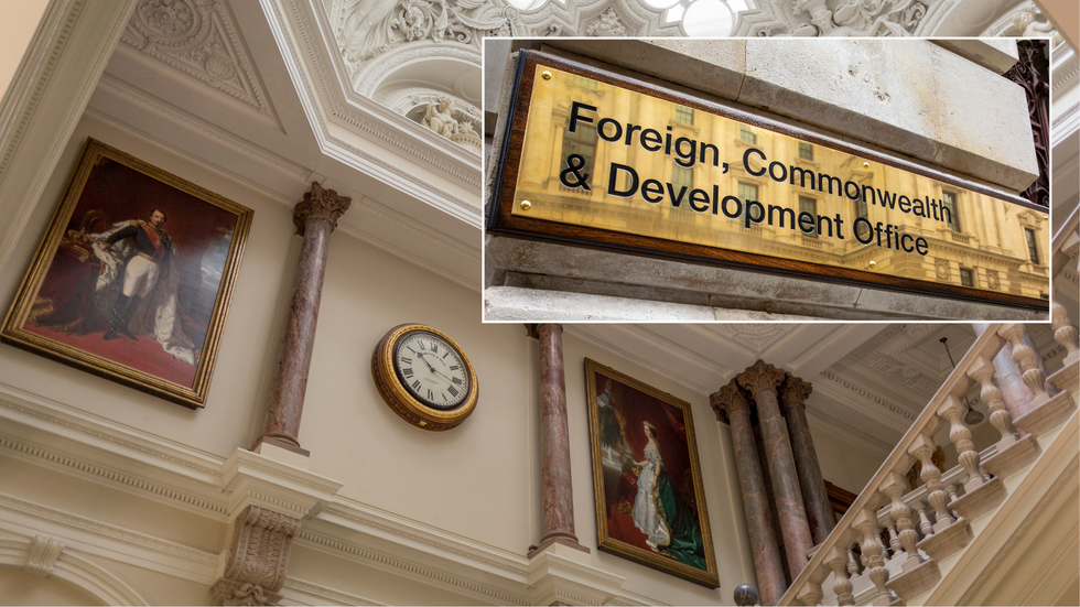 The portraits of Emperor Napoleon III and Empress Eugenie at the top of the Muses Stair below the glass octagonal lantern, in the Foreign and Commonwealth Office (FCO) in 2017/Foreign Office signs