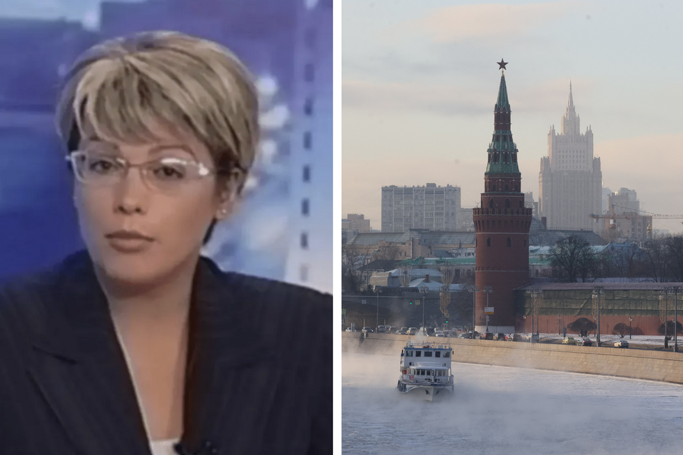 The presenter and a picture of the Kremlin