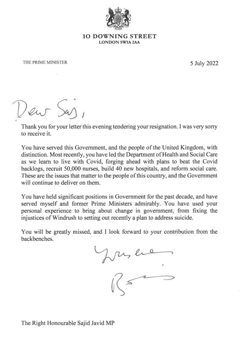 The Prime Minister response to Sajid Javid's resignation letter
