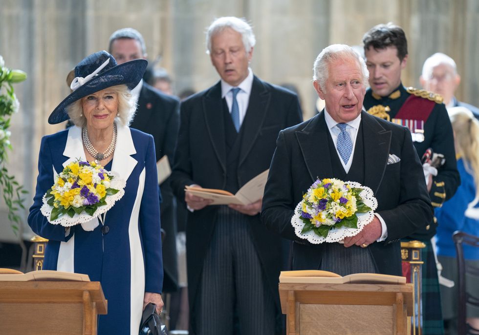 The Prince of Wales and Duchess of Cornwall, representing the Queen, at the Royal Maundy Service at St George's Chapel, Windsor. Picture date: Thursday April 14, 2022.