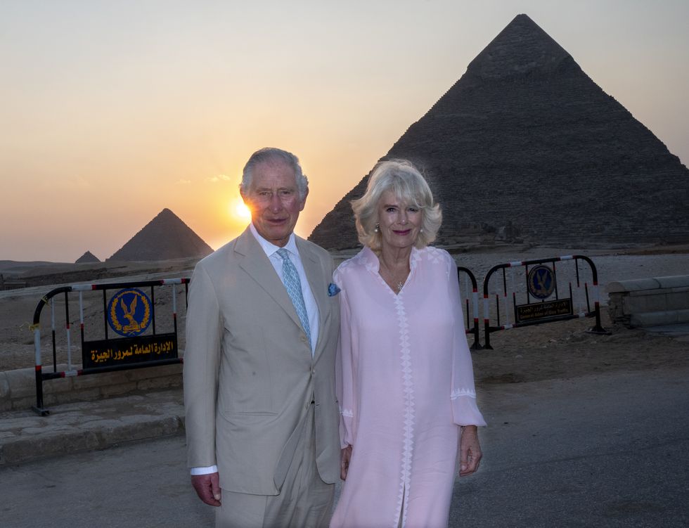 The Prince of Wales and The Duchess of Cornwall during a visit to the Great Pyramids of Giza, on the third day of their tour of the Middle East.