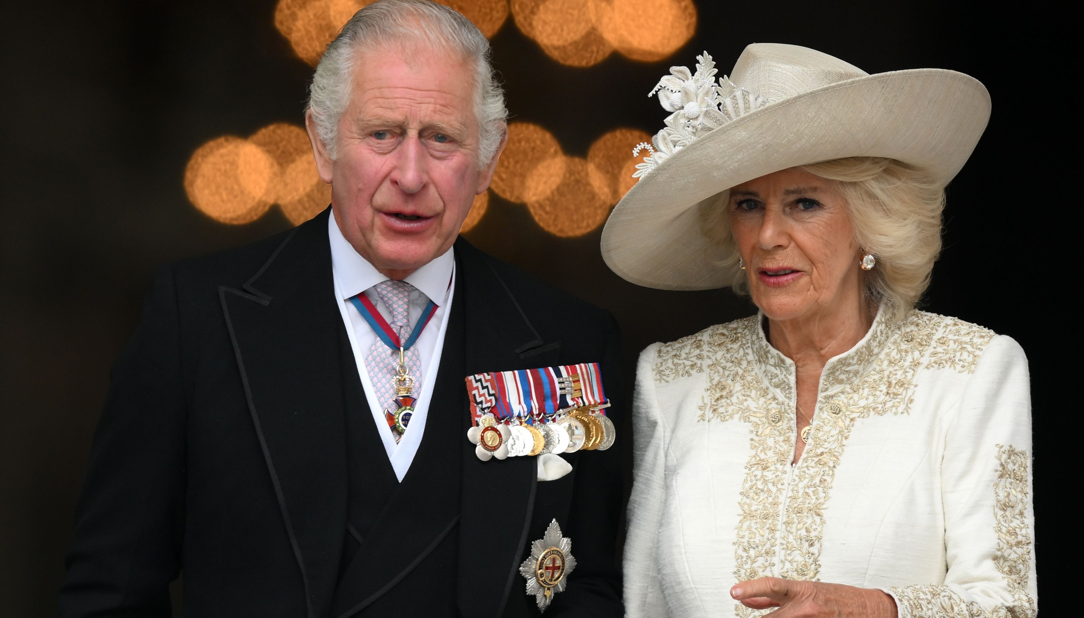 The Prince of Wales and the Duchess of Cornwall leave the National Service of Thanksgiving at St Paul's Cathedral