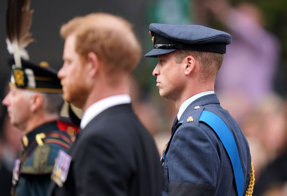 The Prince of Wales and the Duke of Sussex, in the Ceremonial Procession following her State Funeral at Westminster Abbey, London. Picture date: Monday September 19, 2022.
