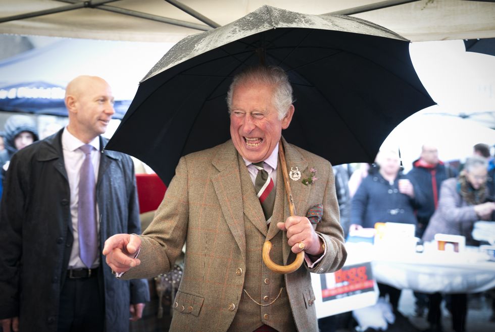 The Prince of Wales, known as the Duke of Rothesay when in Scotland, during a visit to Inverurie Farmers Market and local shops around the town centre in Inverurie, Aberdeenshire.