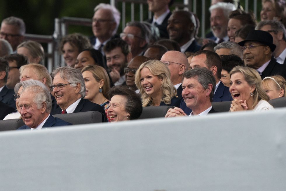 The Prince of Wales, Princess Royal, Vice Admiral Sir Tim Laurence and the Countess of Wessex in the Royal Box at the Platinum Party at the Palace in front of Buckingham Palace, London