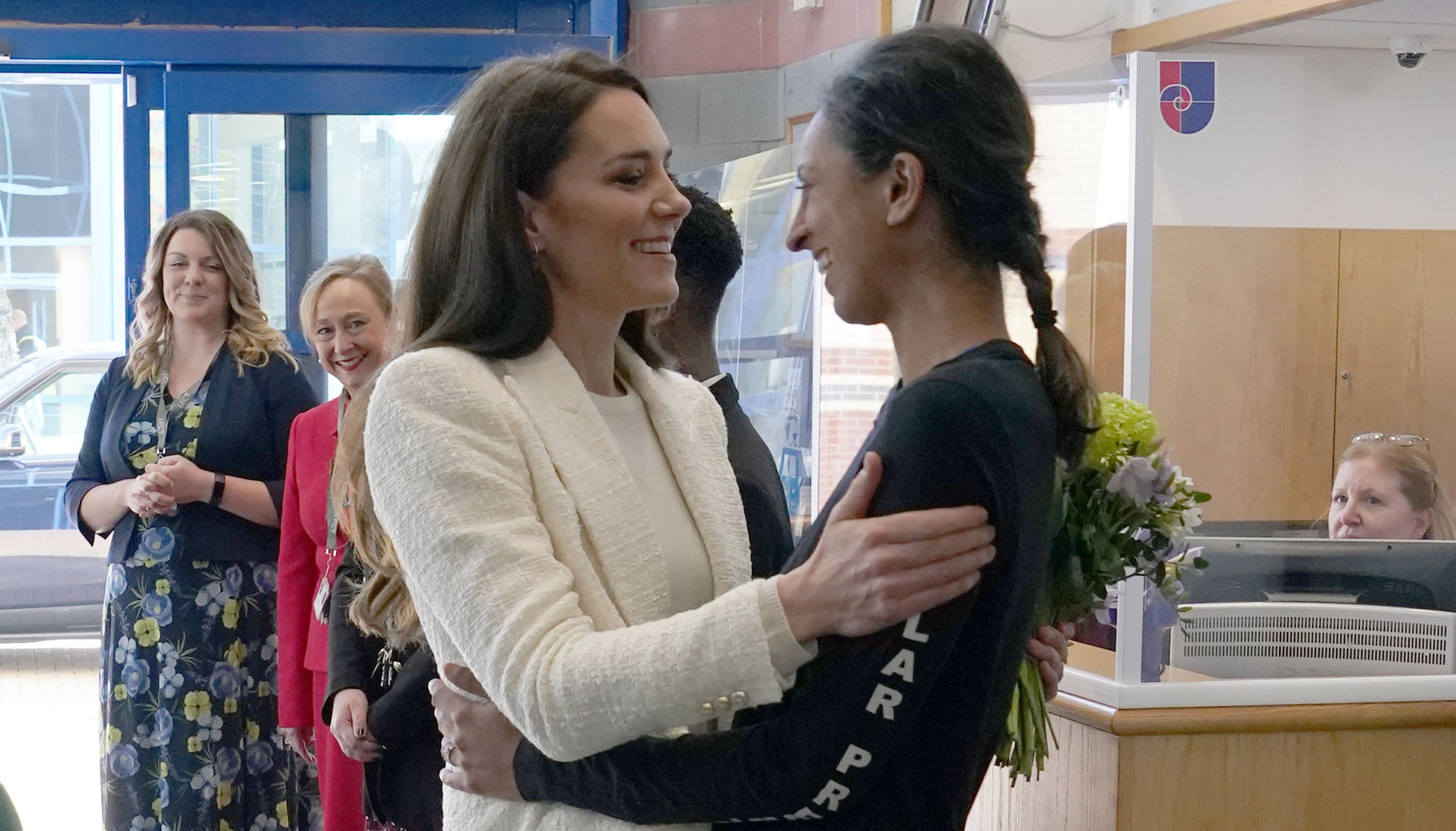 The Princess of Wales (left) greets Captain Preet Chandi, during a visit to Landau Forte College, in Derby, to celebrate Captain Chandi's return from her solo expedition across Antarctica. Picture date: Wednesday February 8, 2023.
